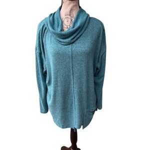 Jess & Jane Teal Cowl Neck Lightweight Knit Pullover Tunic XL Lagenlook Comfy